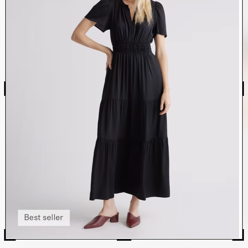 Quince Black Tiered Midi Dress with Smocked Waist